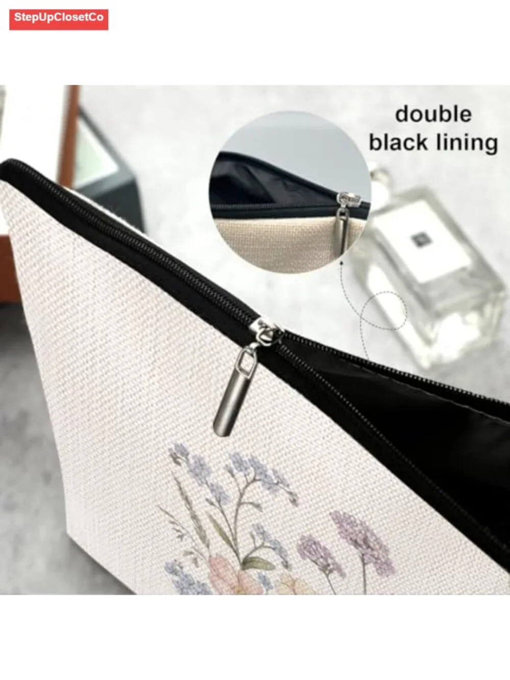 Cotton Linen Makeup Bag Floral Toiletry Travel Pouch with Zipper Storage